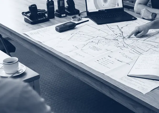 Ilustración: mesa de trabajo con planos, radios y un estudio de cobertura en pantalla